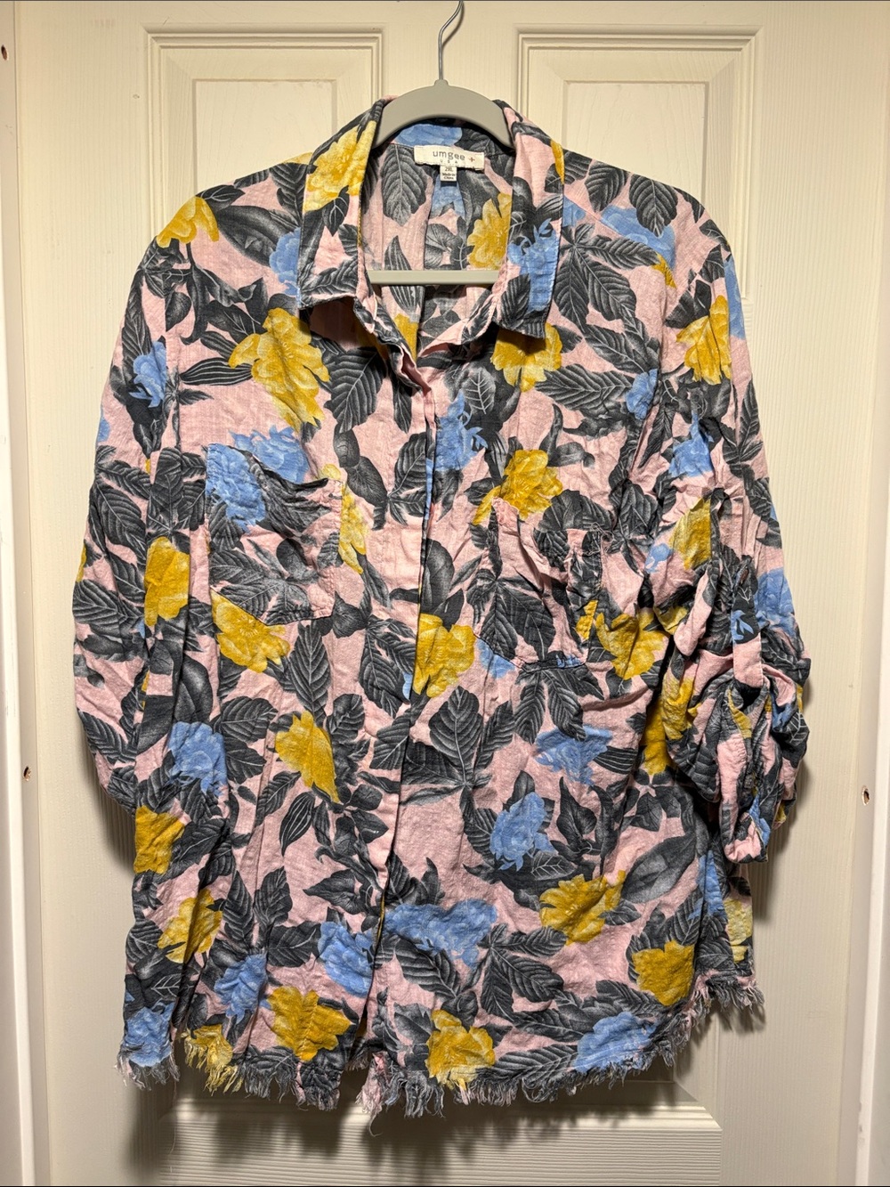 Umgee Pink Floral Button-Down Shirt with Blue and Yellow Blooms